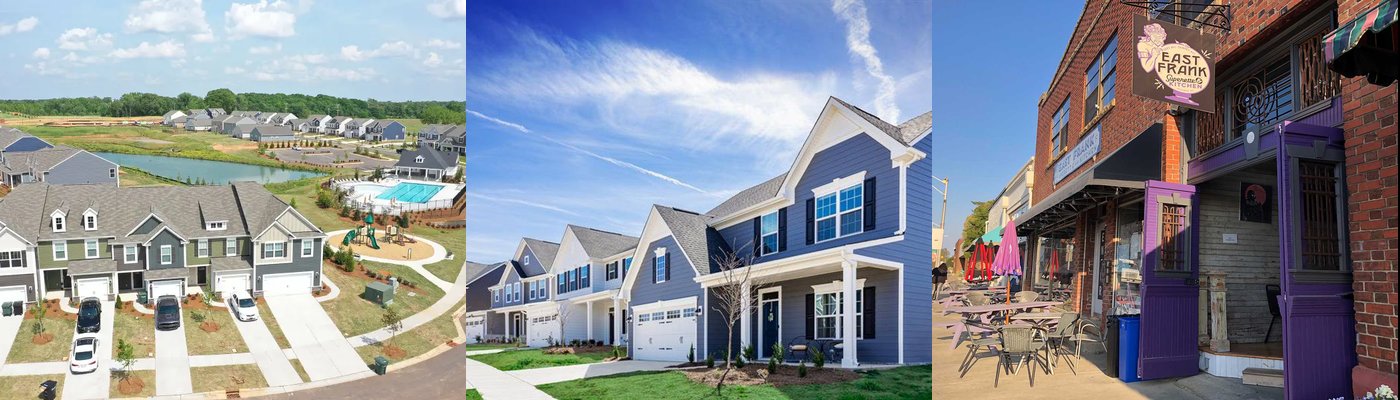 Real photos of Unionville, NC — aerial neighborhood view, new homes, and local community